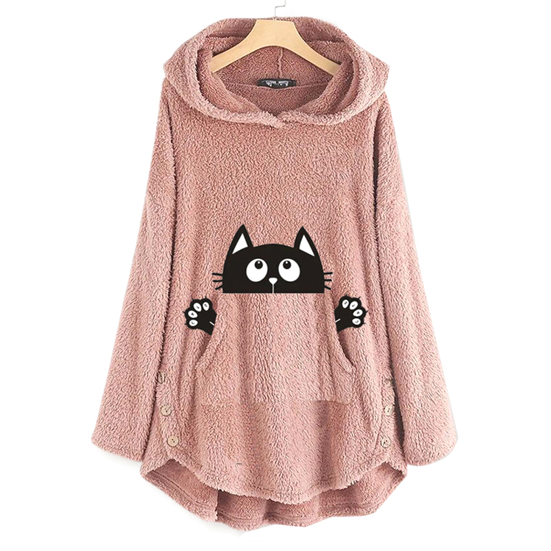 Cat Printed Terry Fleece Hoodies